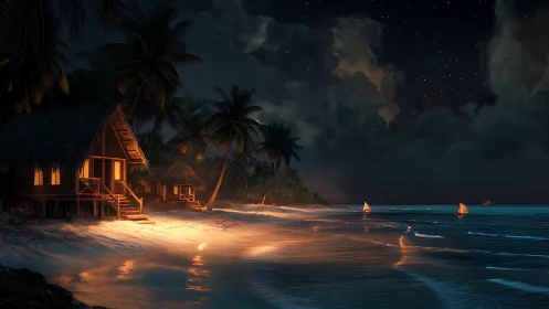 Tropical Nocturnal Refuge: Illuminated Stilt Architecture on Starlit Beach.