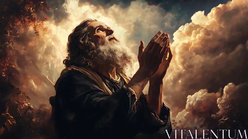 Elderly mystic prays beneath storm-lit celestial clouds.