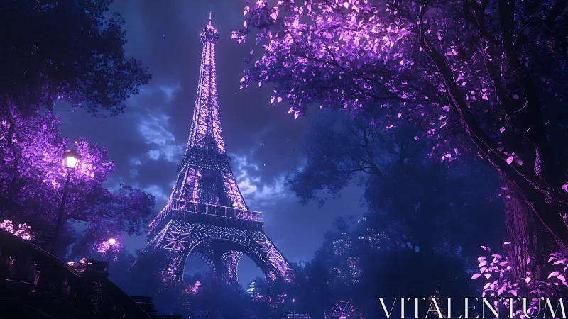 Neon-lit Eiffel Tower framed by luminous botanical canopy.