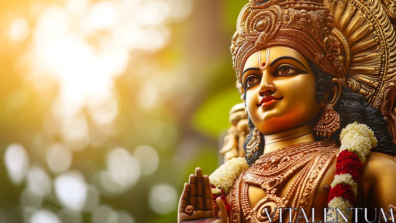 Hindu deity statue in outdoor setting with floral garlands.