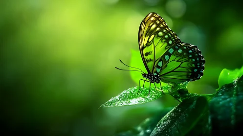 Green butterfly on leaf in bright natural forest light.