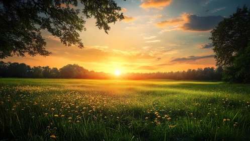 Sunset over open meadow with distant forest edge.