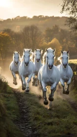 Galloping white horses in backlit dust trail on rural path