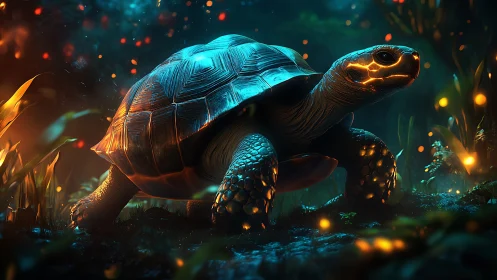 Bioluminescent turtle in stylized forest night environment.