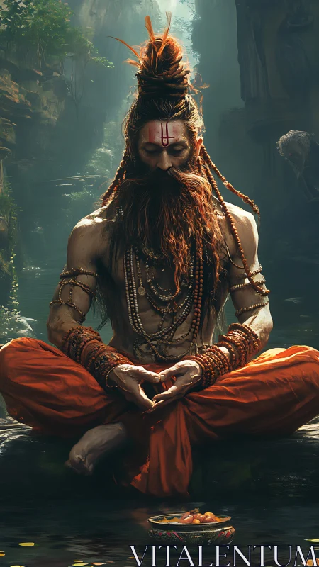 Digital yogi sage meditating beside forest river pool.