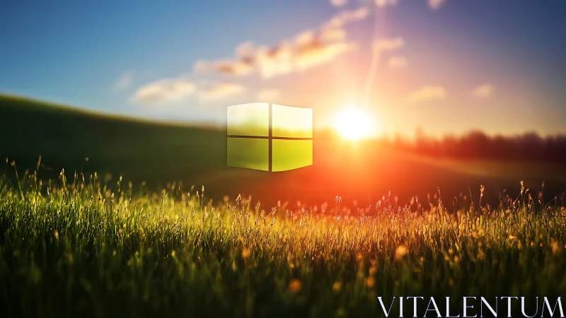 Windows logo over grassy field with bright sunset light.