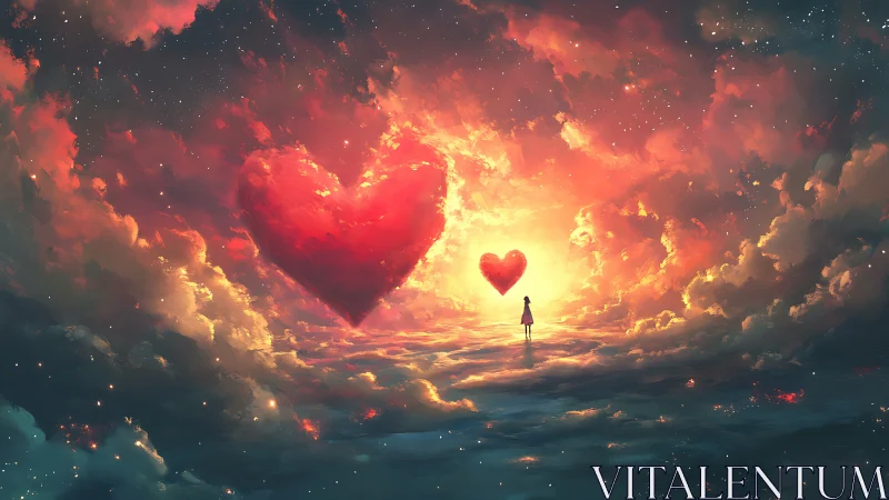 Solitary Soul Encounters Celestial Hearts in Radiant Skies.
