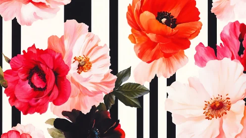 Stratified Floral Composition with Gradient Peonies and Anemones on Monochromatic Striping