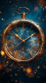 Vintage pocket watch floating in glowing cosmic dust.
