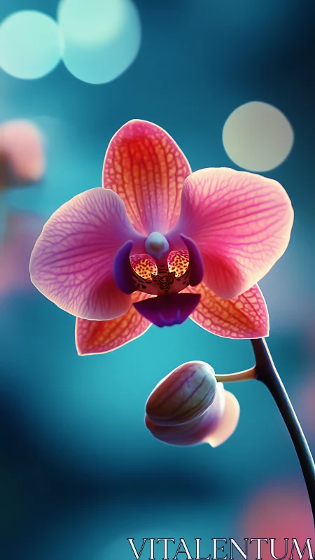 Pink orchid bloom glows against teal bokeh background