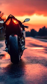 Night-ready sport bike glows warmly against a sunset road