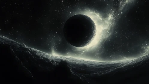 Dark planet silhouette above cratered moon horizon in space.