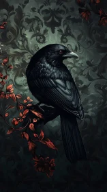 Velvet-winged raven on crimson florals against shadowed damask.