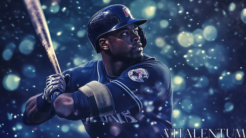 Focused baseball batter in stylized blue digital art.