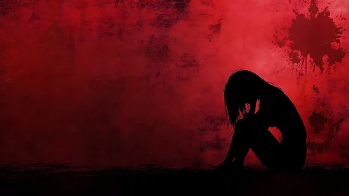 Silhouetted girl curls inward against a distressed red void