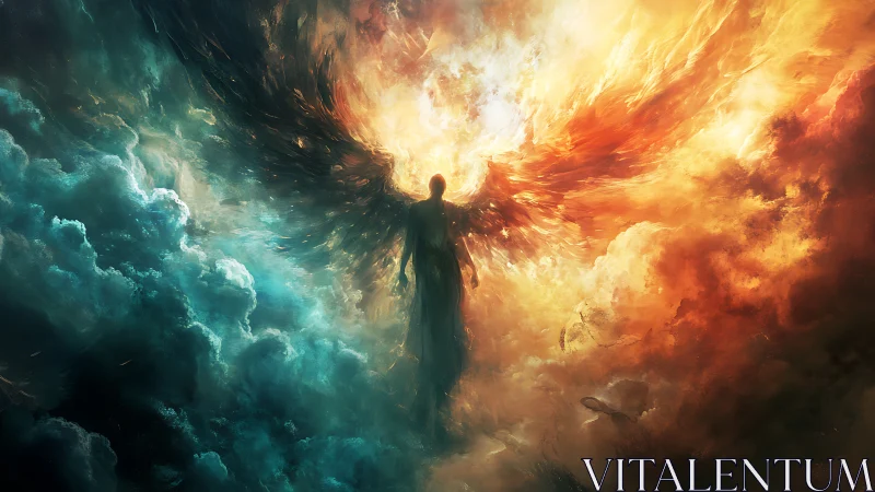 Celestial angel silhouette divides firestorm and oceanic sky