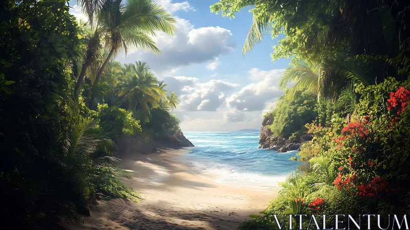 Secluded Tropical Beach Cove Framed by Lush Jungle.