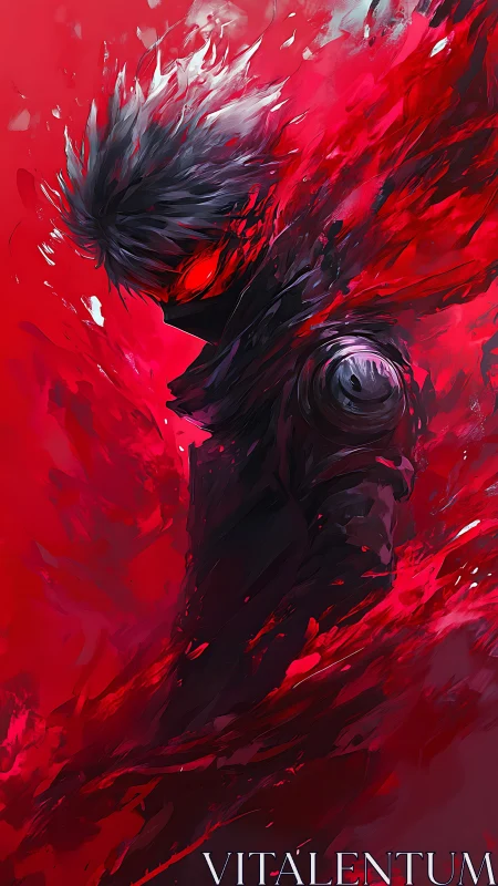 Cyber-noir warrior emerges within kinetic crimson energy field