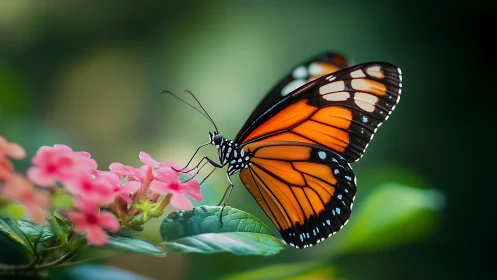Monarch butterfly rests on pink blossoms in soft bokeh garden.