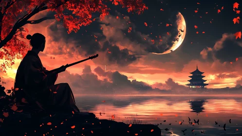 Samurai musician observes crescent moon over pagoda lake at dusk