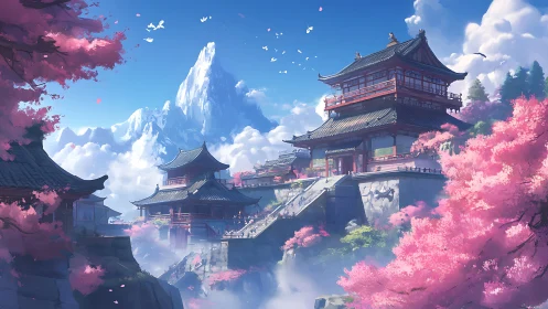 Mountain temple complex amid cherry blossoms and clouds.
