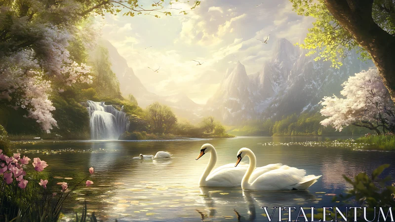 Swanlit valley lagoon under petal-bright mountain dawn.