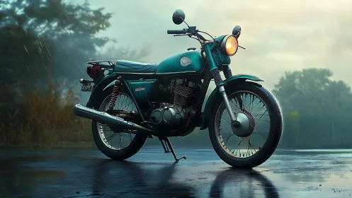 Vintage teal motorcycle in cinematic rain-soaked landscape.