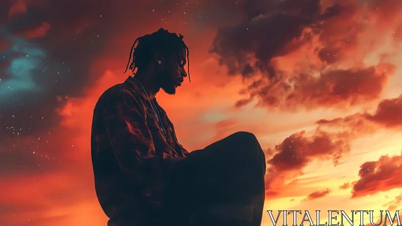 Silhouetted portrait against cinematic sunset cloudscape.