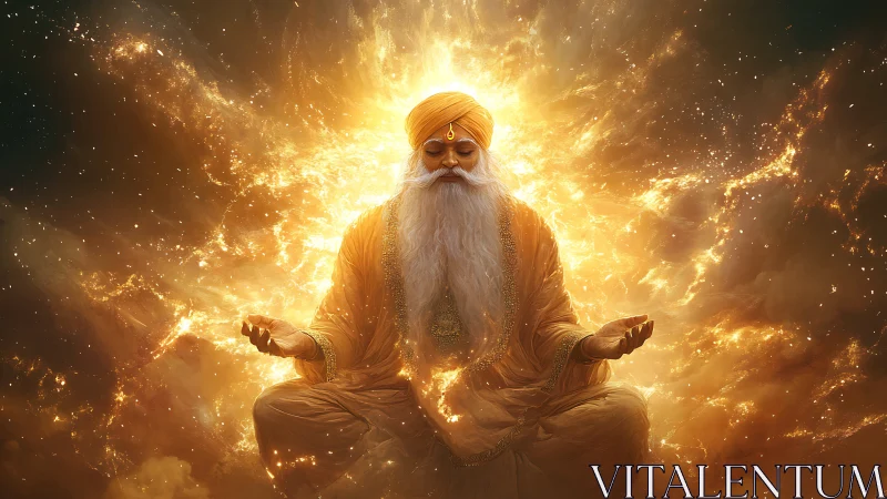 Solar mystic elder meditates inside blazing cosmic halo.