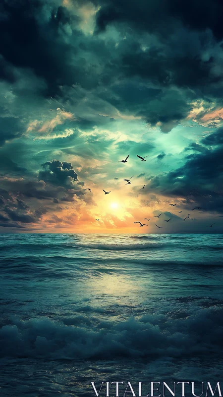 Dramatic ocean sunset renders cinematic atmospheric depth