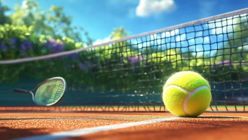 Sunlit tennis ball waits at the net on glowing clay court.