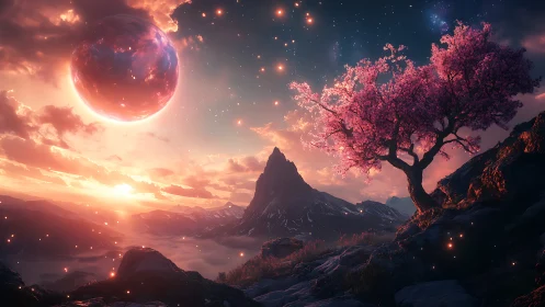 Dreamy pink blossom tree under a glowing otherworldly sky.