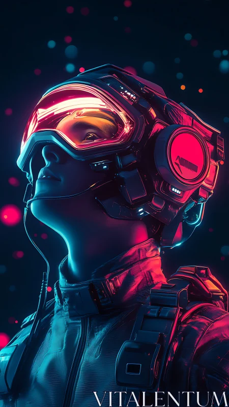 Human figure in neon-lit VR helmet and tactical gear profile.