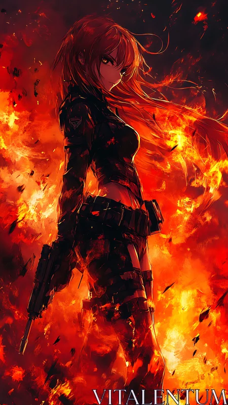 Fierce anime heroine stands strong in a storm of blazing fire