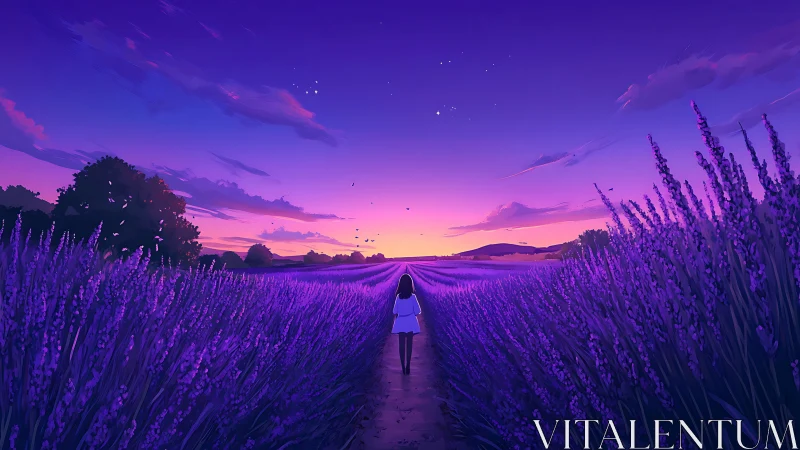 Girl walks through twilight lavender fields toward stars.
