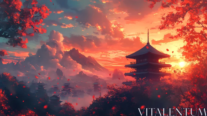 Sunset over mountain pagoda in red autumn landscape.