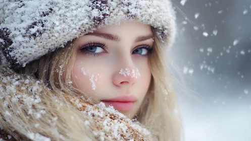 Snow-dusted winter portrait captures serene blue-eyed gaze