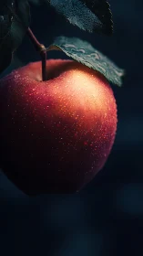 Glistening red apple hangs softly in the quiet evening light