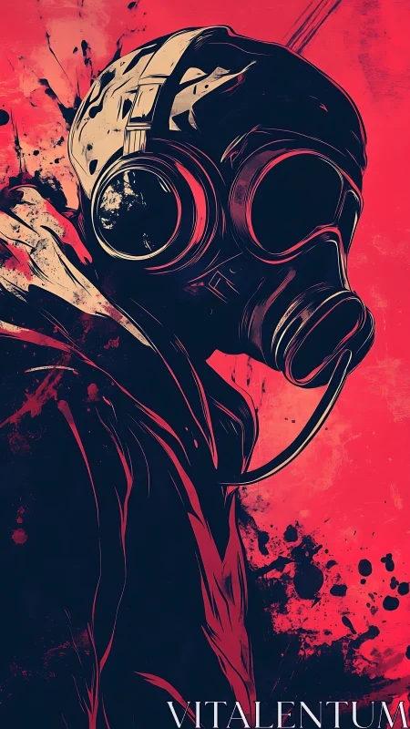 Gas mask figure rendered in high-contrast red and black vector