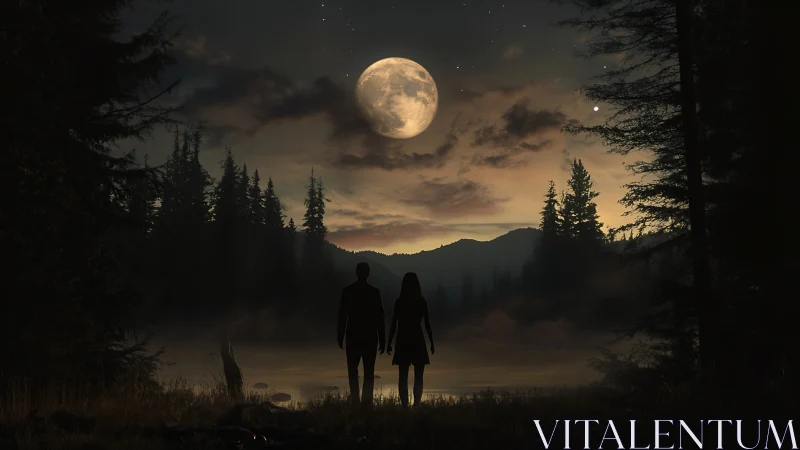 Silhouetted Couple Beneath Full Moon Over Misty Lake.