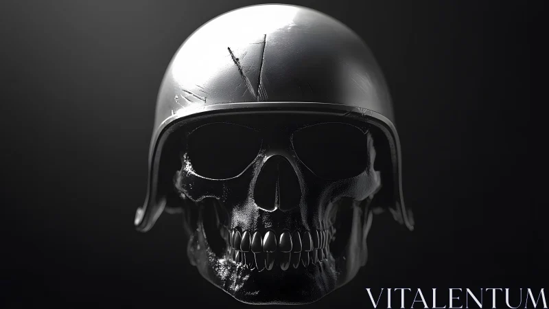 Dark skull with military helmet, dramatic lighting, photorealistic style.