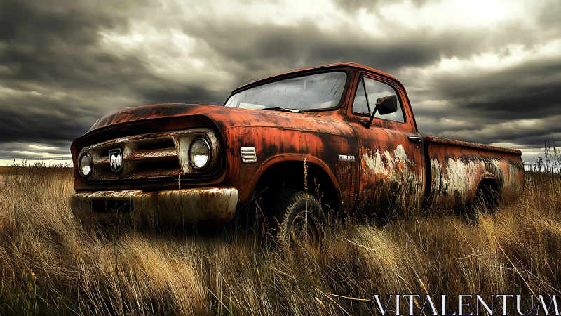 Weathered rusted pickup truck in overgrown prairie field