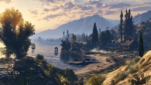 Alpine lakeside settlement at golden hour with mountainous backdrop.