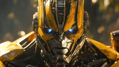 Intense yellow combat robot with glowing blue optics closeup.