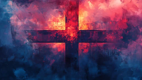 Radiant abstract cross ignites deep blue and crimson haze.