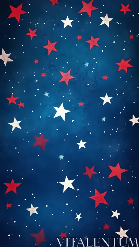 Playful red and white stars dancing on a deep blue sky.
