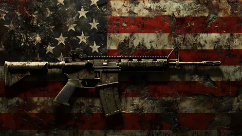 Military style rifle over distressed American flag wall.