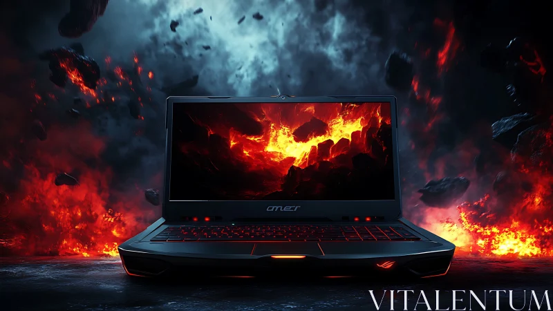 Gaming laptop amid volcanic inferno with fiery neon glow.