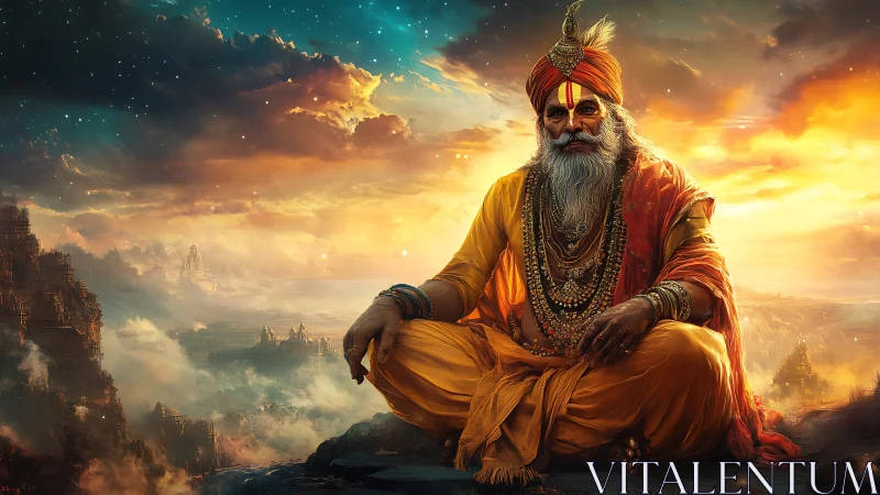 Elderly sage in orange robes seated against glowing sky.