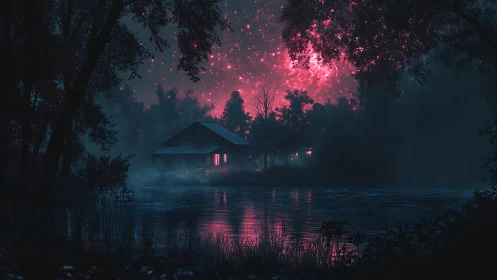 Lakeside cabin under pink illuminated night sky reflection.
